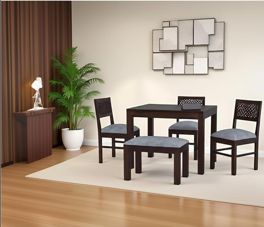 Sheesham Wood CNC Cuting Dining Table with 3 Chairs with 1 Bench | 4 Seater Dining Set- Dining Room Furniture